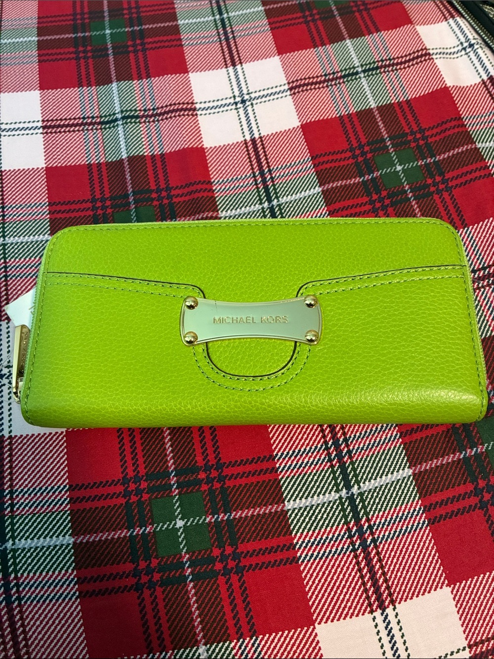 Michael Kors Bright Lime Green Leather Zip Wallet with Gold Plaque